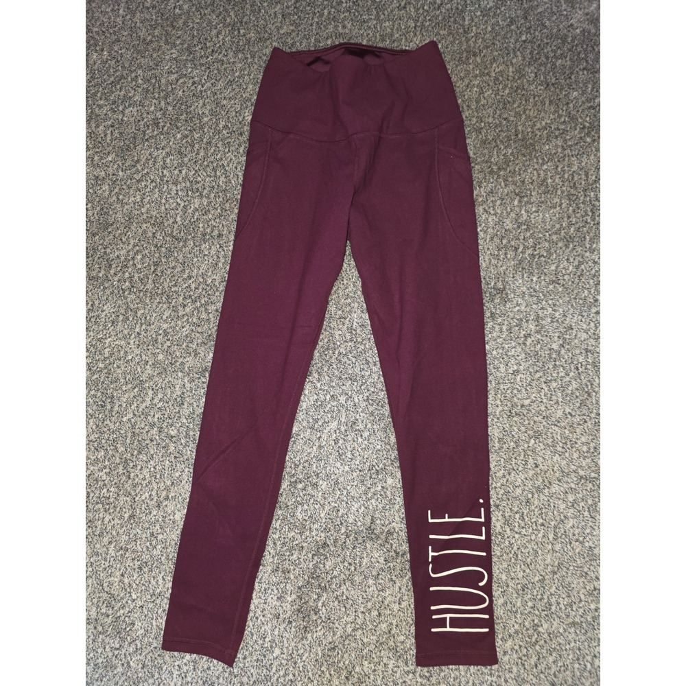 Rae Dunn Hustle High Waisted Leggings Burgundy Maroon Side Pockets Small
